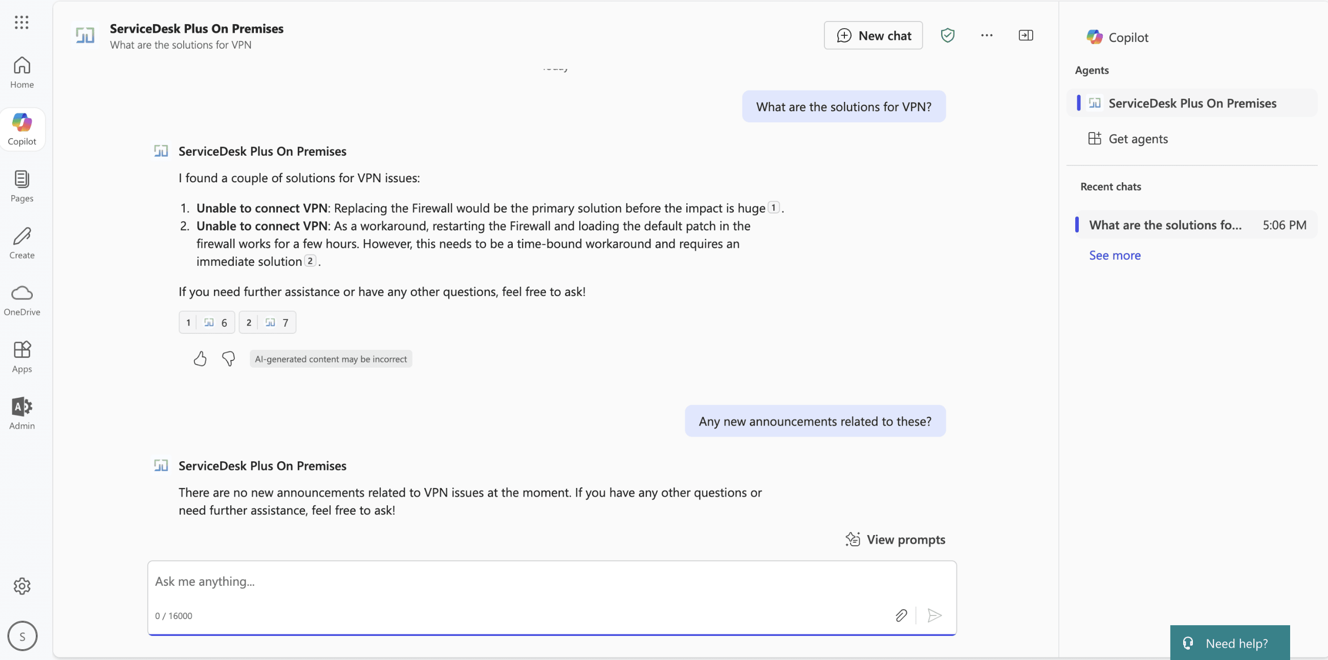 Иллюстрация 16: Агент ServiceDesk Plus для Microsoft Copilot