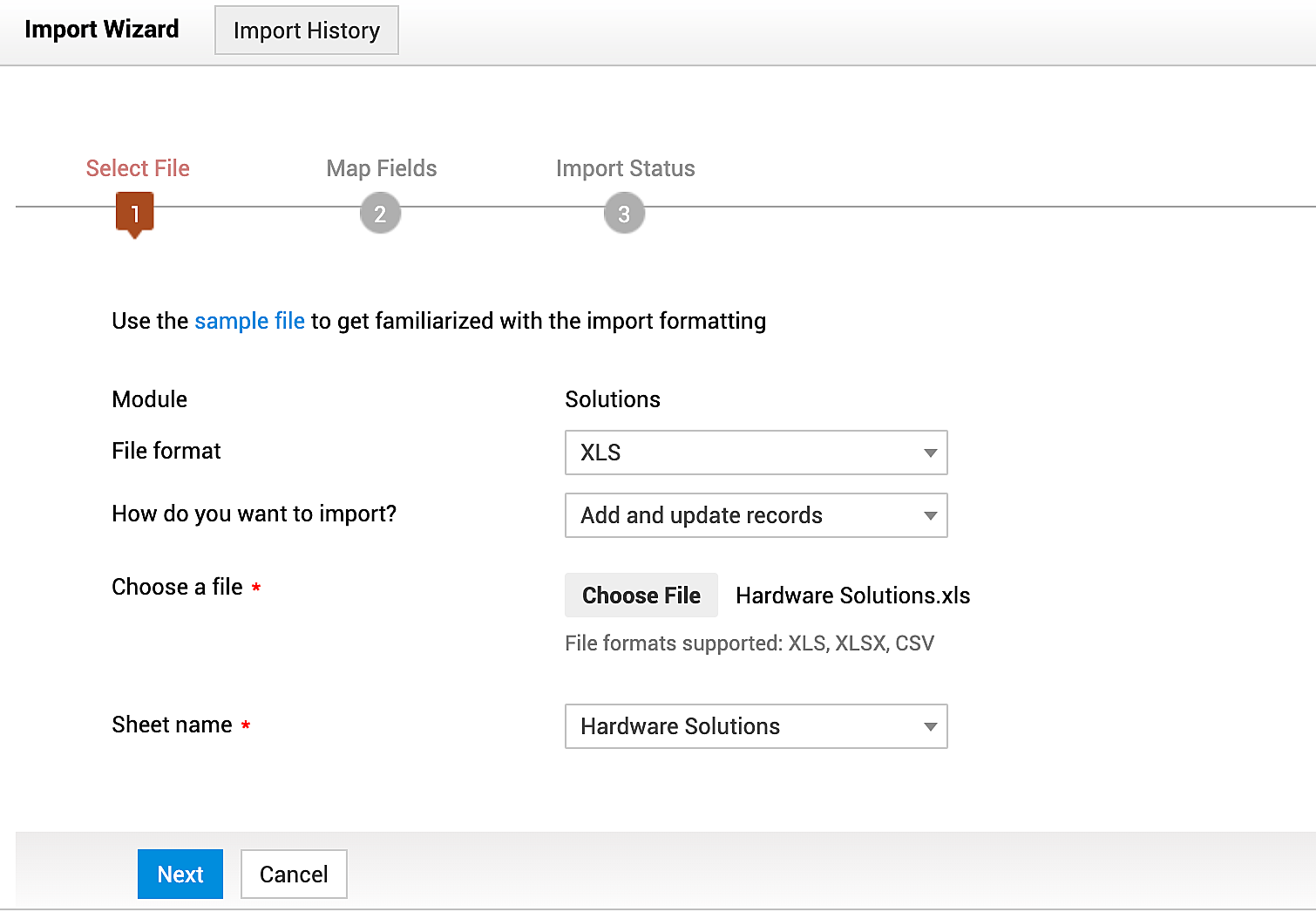 Illustration 1: How to import help desk knowledge base solutions from XLS, XLSX, and CSV files