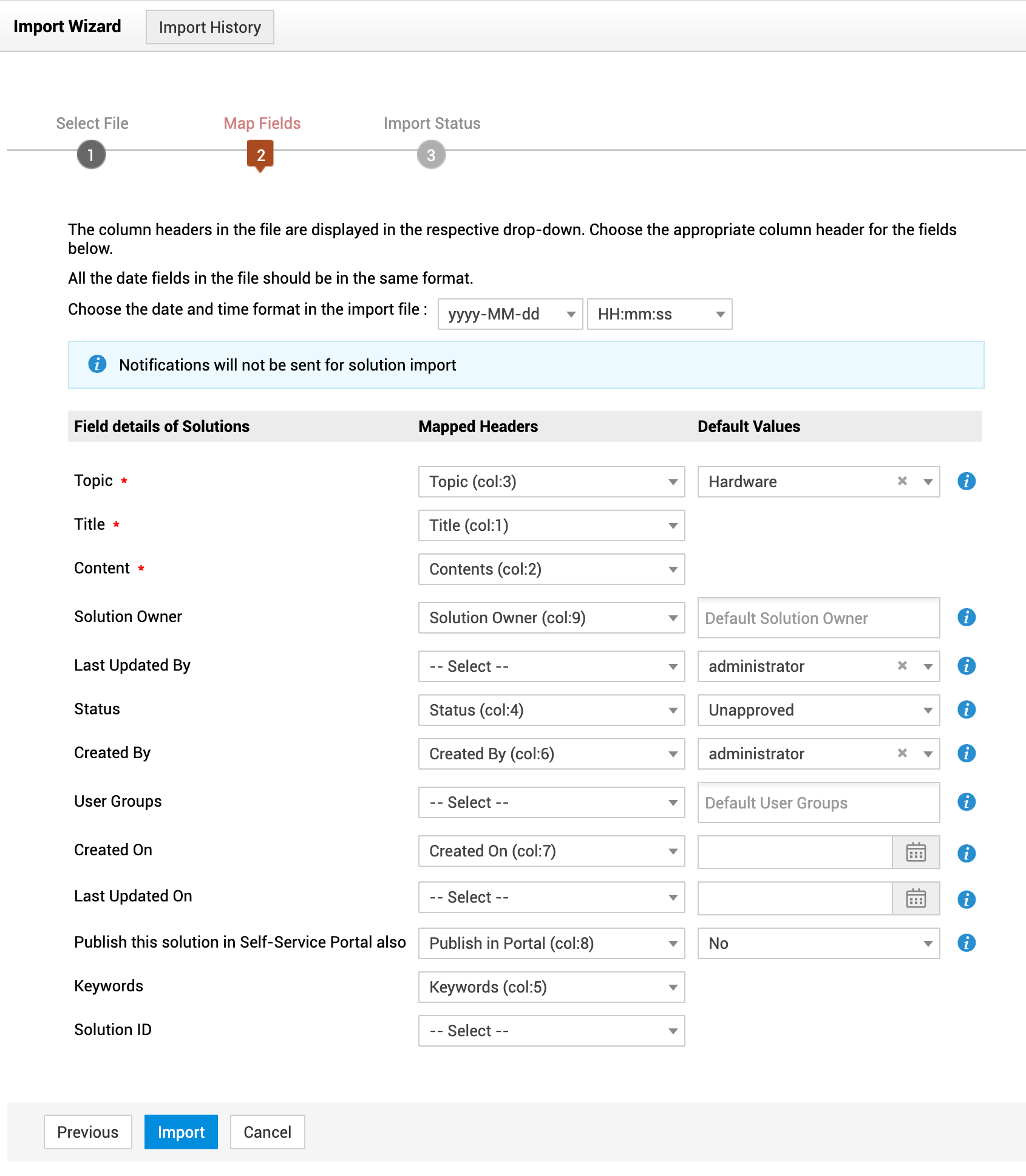 Illustration 2: How to import help desk knowledge base solutions from XLS, XLSX, and CSV files