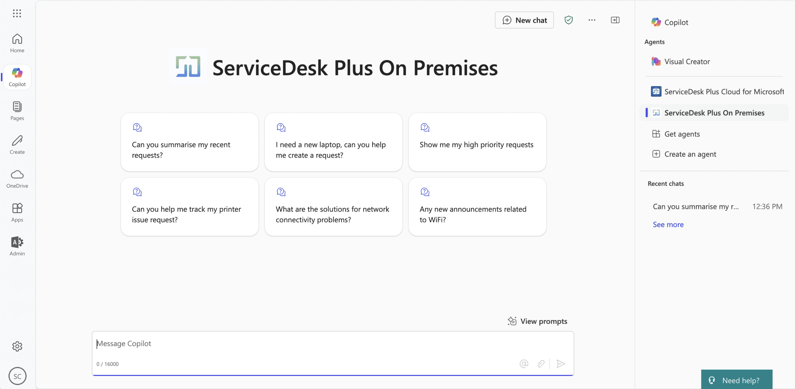 Иллюстрация 1: Агент ServiceDesk Plus для Microsoft Copilot