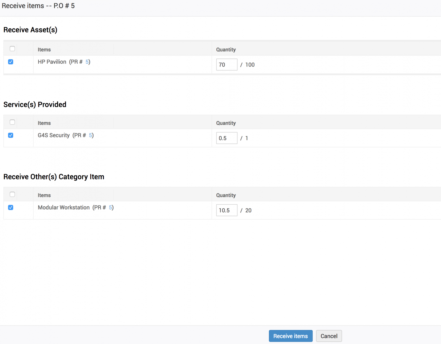 Illustration 1: Receive PO items | Purchase order management