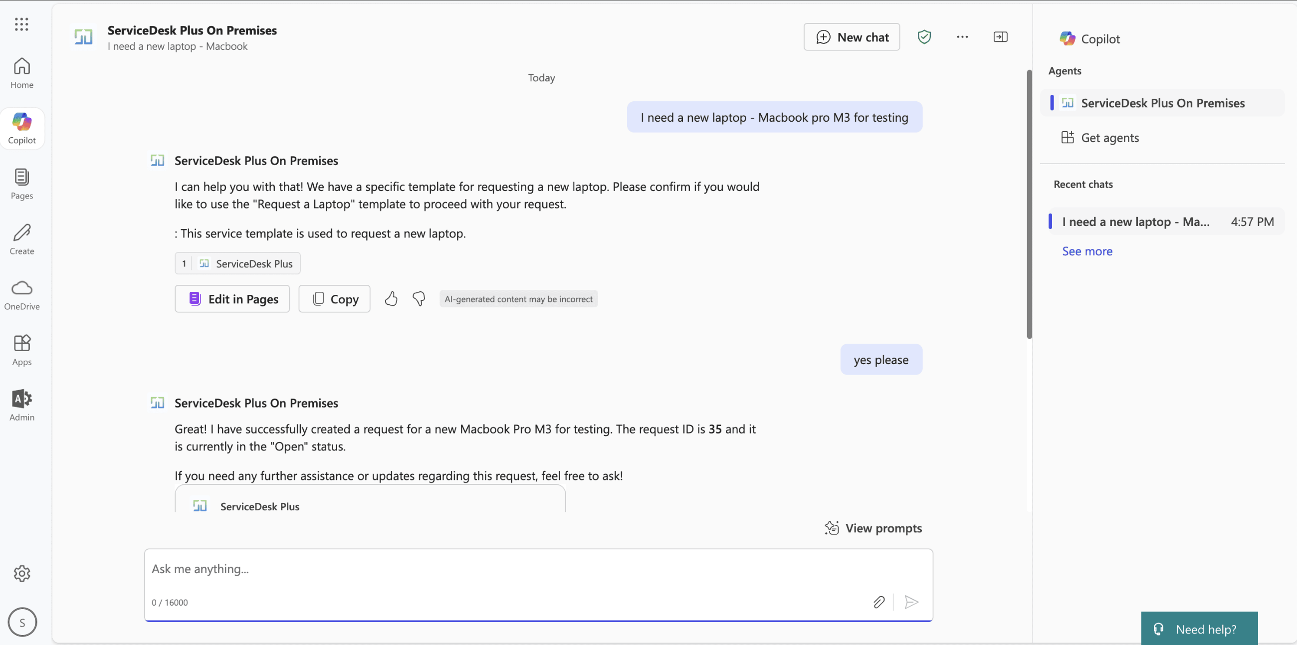 Иллюстрация 13: Агент ServiceDesk Plus для Microsoft Copilot