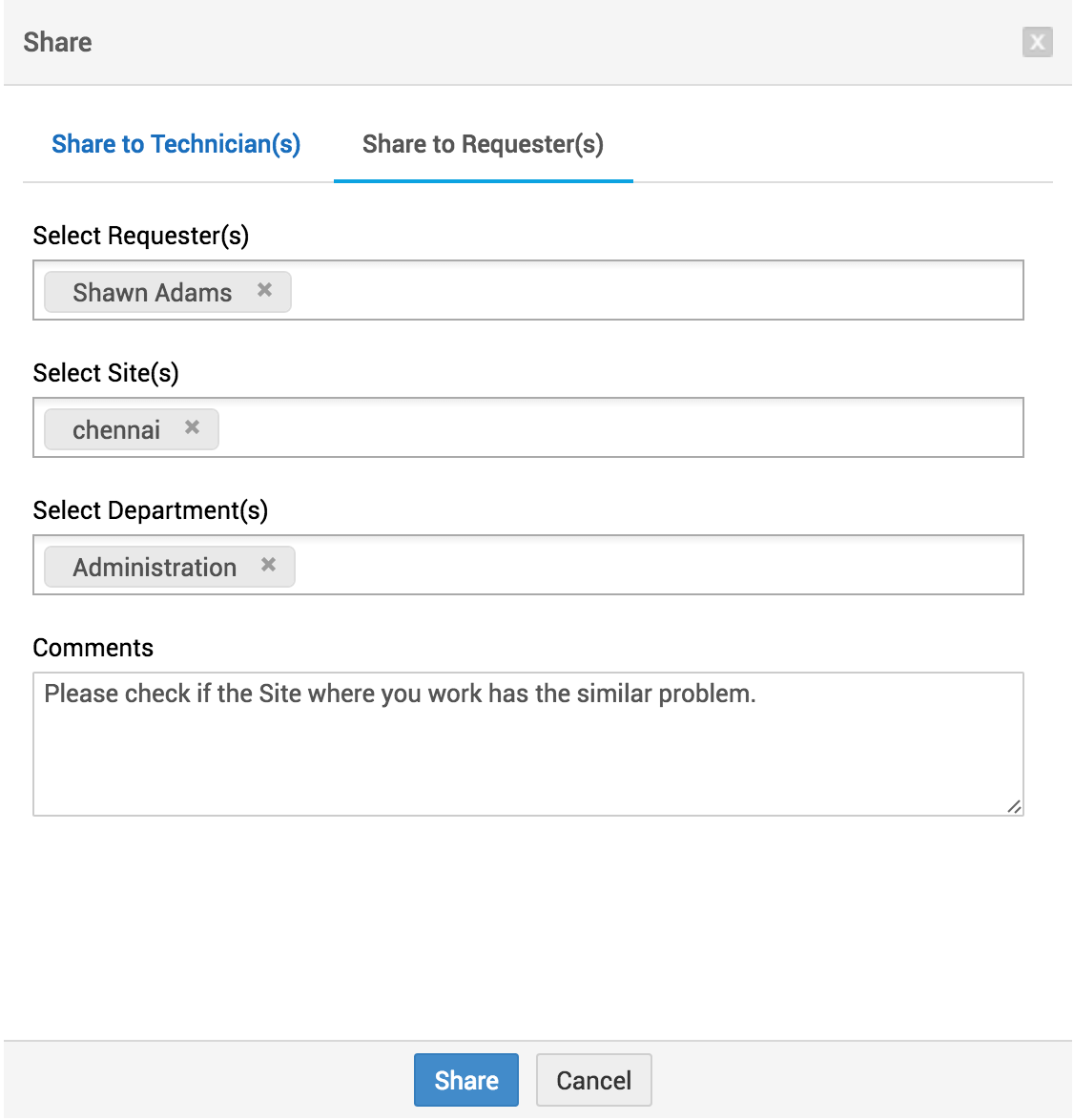 Illustration 4: How to share a request with technicians/requesters | Share helpdesk requests