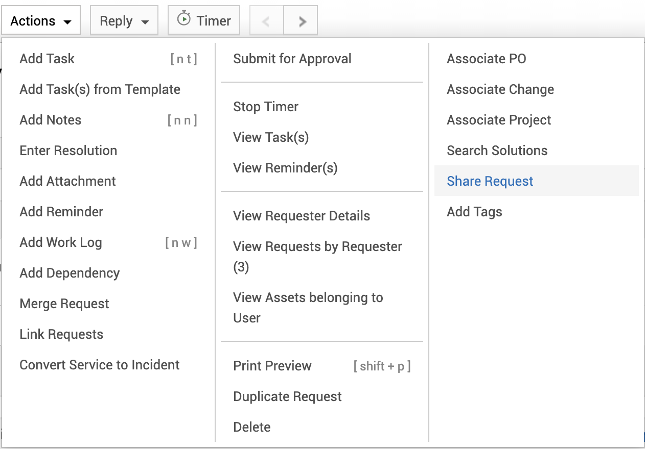 Illustration 1: How to share a request with technicians/requesters | Share helpdesk requests