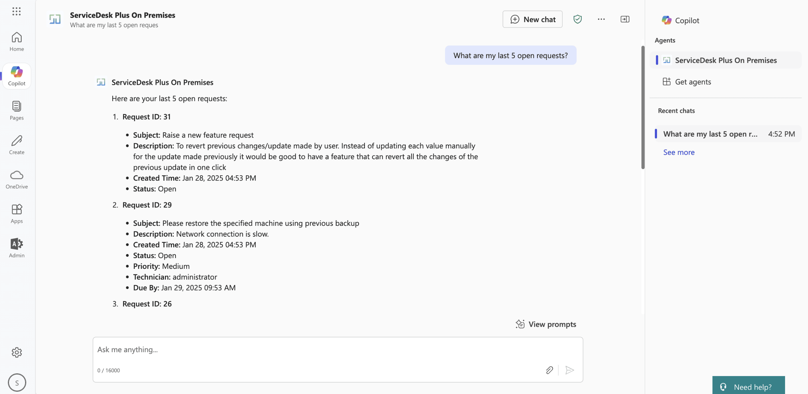 Иллюстрация 12: Агент ServiceDesk Plus для Microsoft Copilot