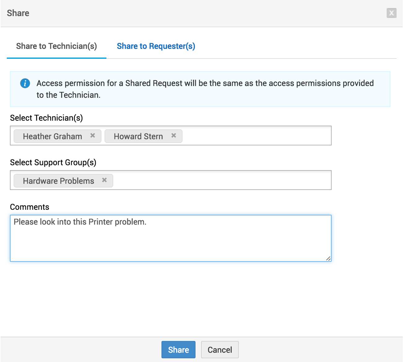Illustration 3: How to share a request with technicians/requesters | Share helpdesk requests