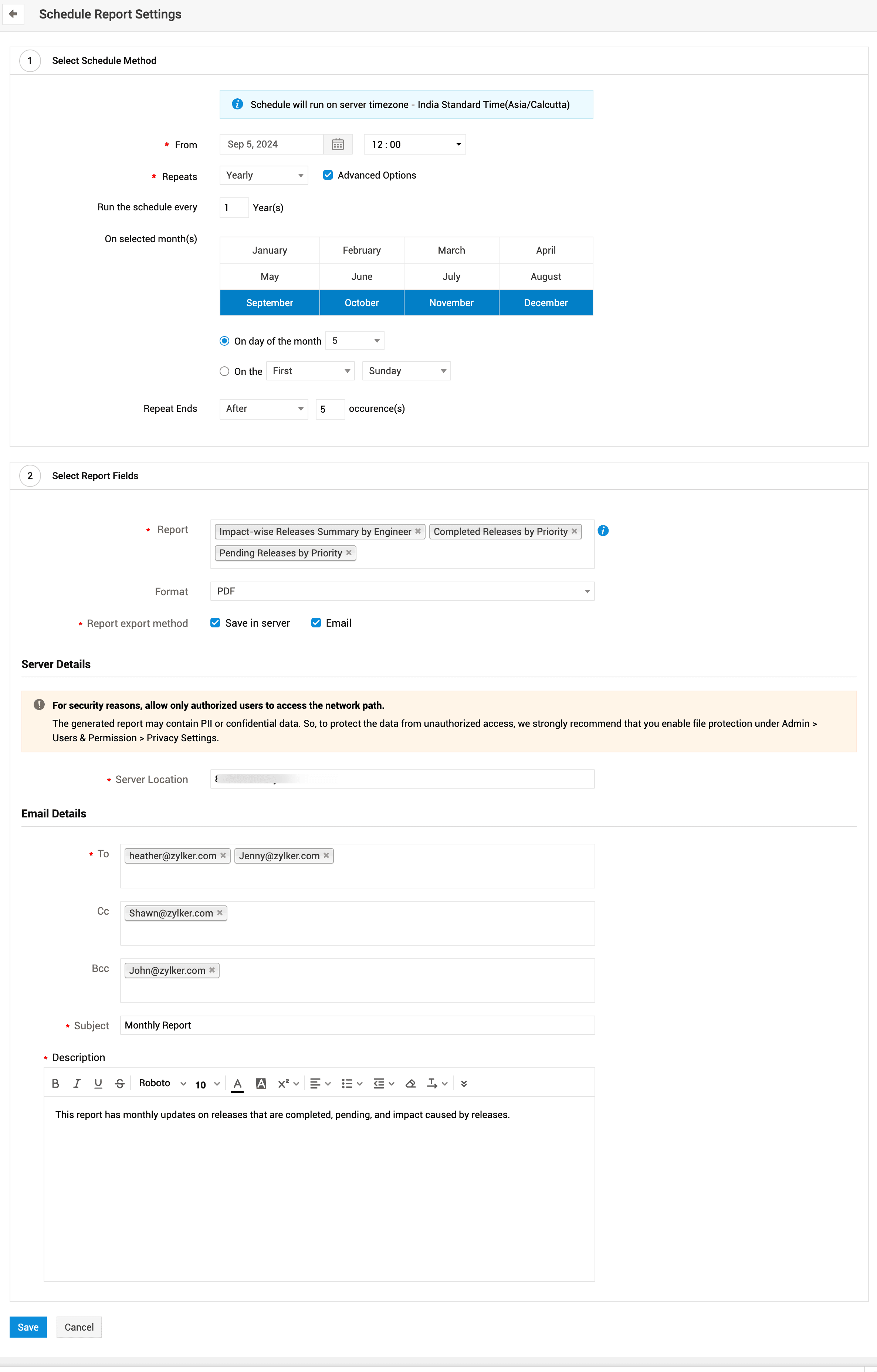 Illustration 1: Scheduling report settings 
